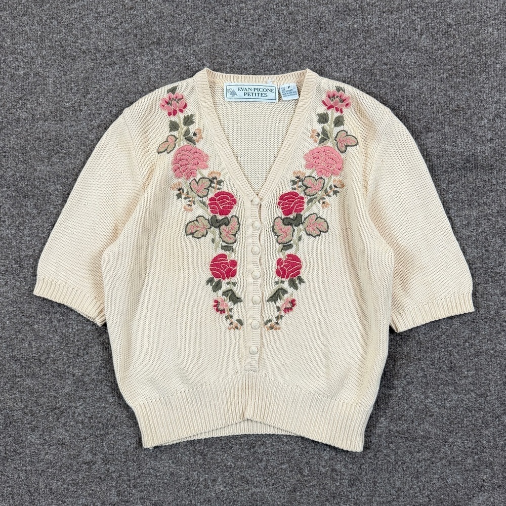 VTG Cream Short Sleeve V-Neck Cardigan Sweater Womens XS/S P Embroidered Florals